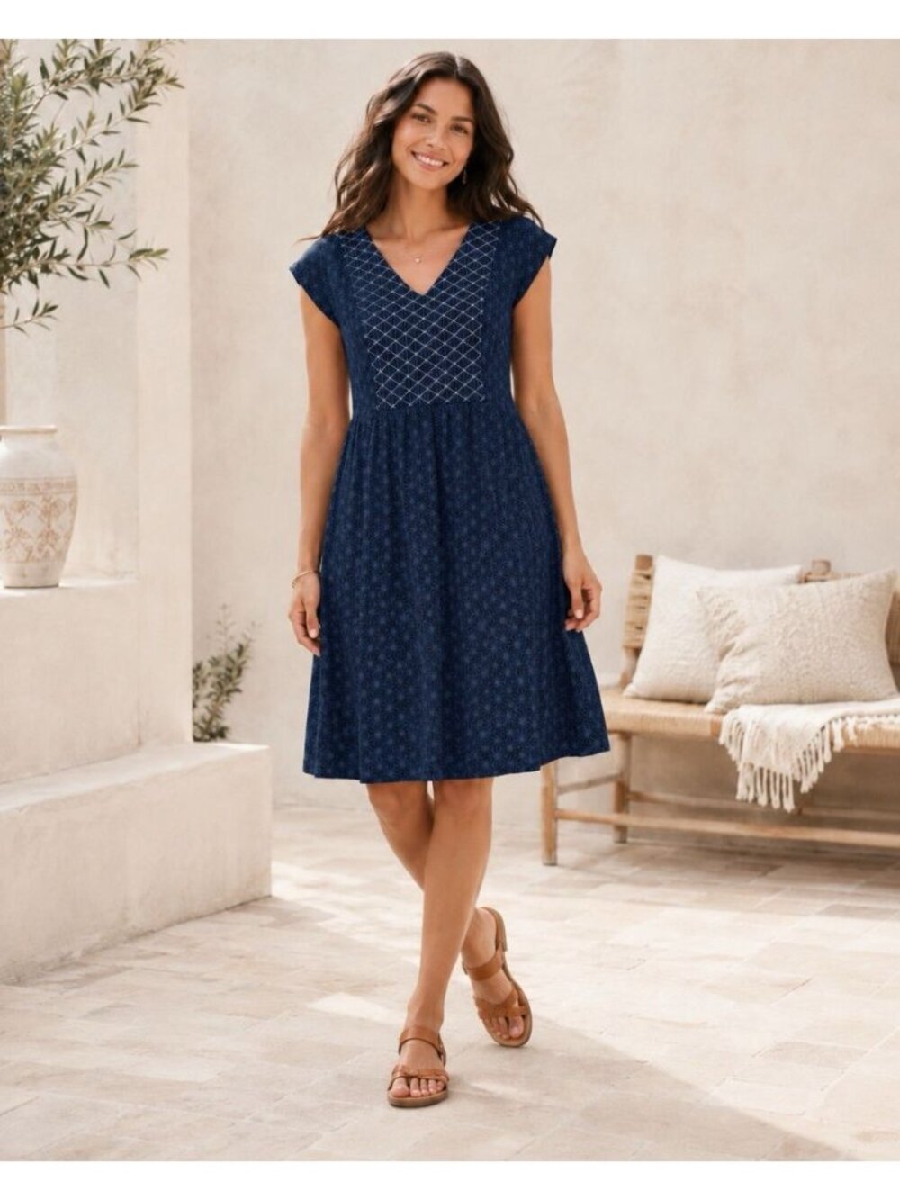 Mata Traders XL 100% Cotton Dress Embroidered Artsy Navy Blue Boho Fit Flare
